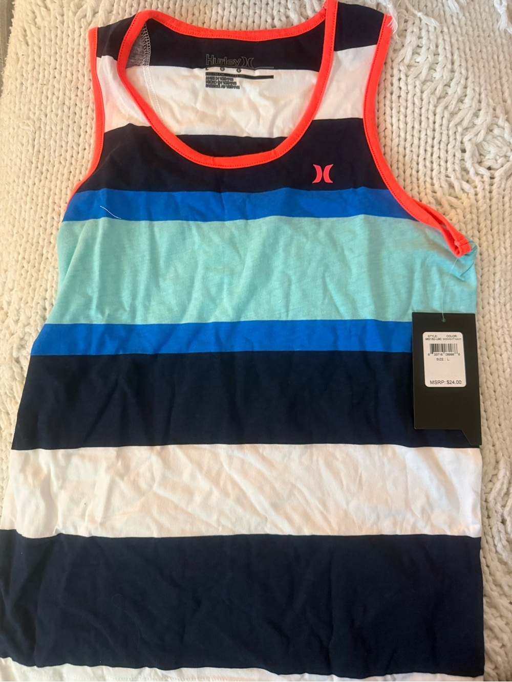 Hurley Navy, White, Aqua and Neon Orange Striped Tank